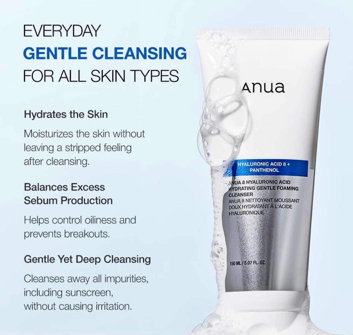Anua Hyaluronic Acid Cleanser tube with product benefits for gentle daily cleansing and hydration, shown with water splash effect