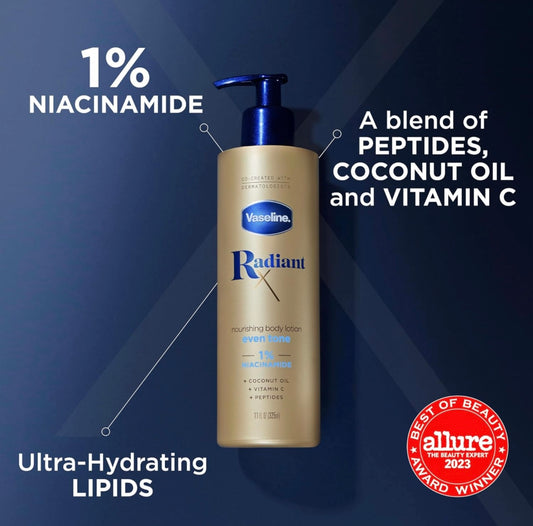 Vaseline Radiant X Even Tone Nourishing Body Lotion With 1% Niacinamide, Coconut Oil, Vitamin C, & Peptides - 325ml - Brightening Moisture Gel Cream, Anti-Blemish Body Lotion, skin moisturizer, dark spot correcting serum, needly daily toner pad, oil cleansers, moisturizing sunscreen, hand cream - Sapphire Beauty Booth