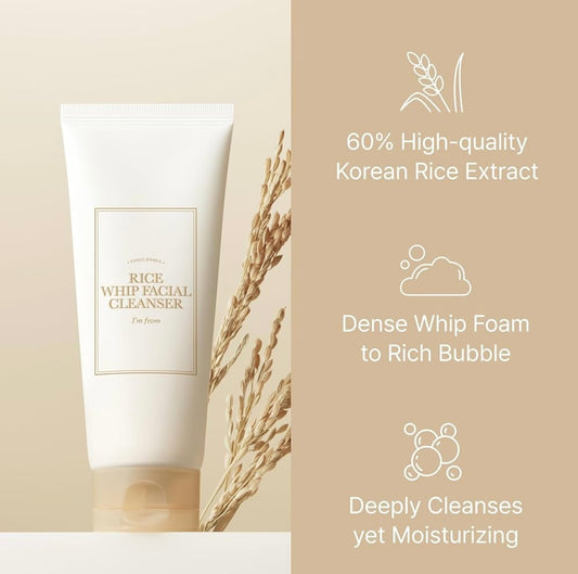 I'm from Rice Whip Facial Cleanser -150ml - Brightening Moisture Gel Cream, Anti-Blemish Body Lotion, skin moisturizer, dark spot correcting serum, needly daily toner pad, oil cleansers, moisturizing sunscreen, hand cream - Sapphire Beauty Booth