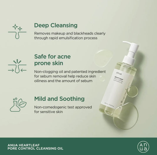 Anua Heartleaf Pore Control Cleansing Oil - Brightening Moisture Gel Cream, Anti-Blemish Body Lotion, skin moisturizer, dark spot correcting serum, needly daily toner pad, oil cleansers, moisturizing sunscreen, hand cream - Sapphire Beauty Booth