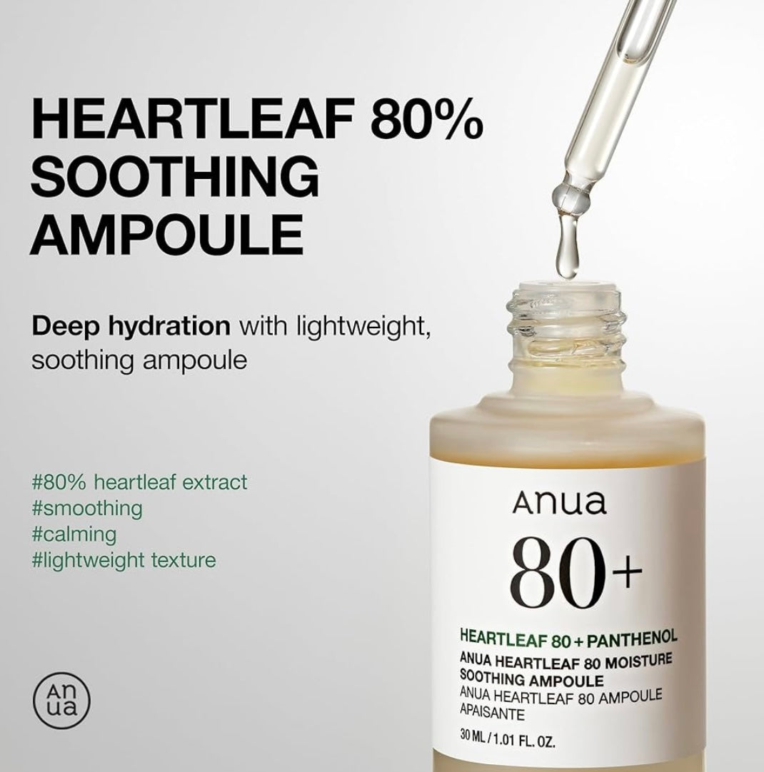 Anua Heartleaf 80 Soothing Ampoule -30ml - Brightening Moisture Gel Cream, Anti-Blemish Body Lotion, skin moisturizer, dark spot correcting serum, needly daily toner pad, oil cleansers, moisturizing sunscreen, hand cream - Sapphire Beauty Booth