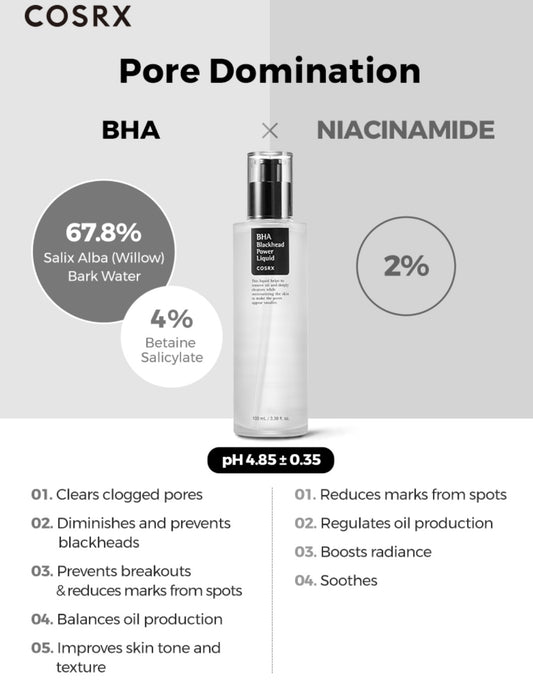 Cosrx BHA Blackhead Power Liquid -100ml - Brightening Moisture Gel Cream, Anti-Blemish Body Lotion, skin moisturizer, dark spot correcting serum, needly daily toner pad, oil cleansers, moisturizing sunscreen, hand cream - Sapphire Beauty Booth