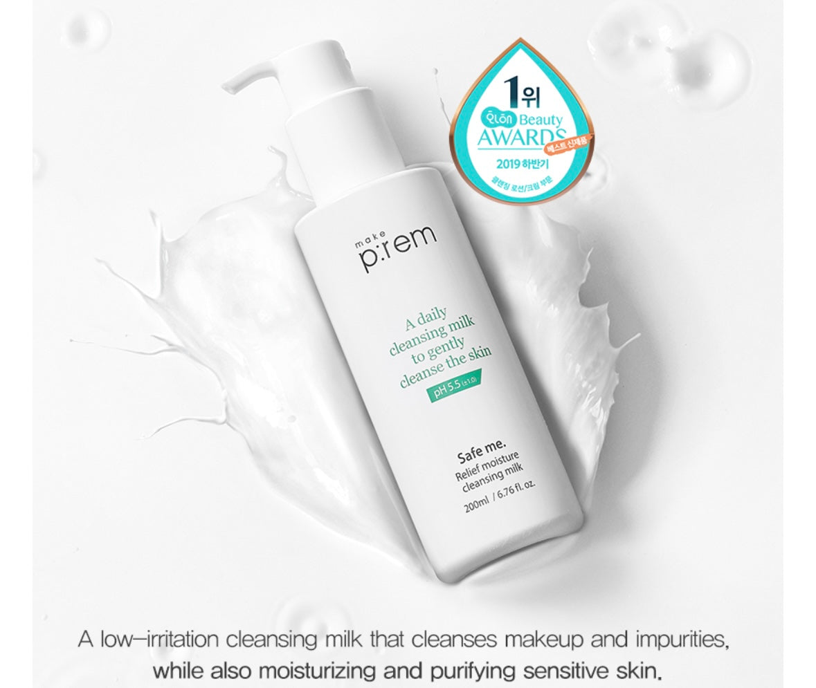 Make p:remSafe Me Relief Moisture Cleansing Milk - 200ml - Brightening Moisture Gel Cream, Anti-Blemish Body Lotion, skin moisturizer, dark spot correcting serum, needly daily toner pad, oil cleansers, moisturizing sunscreen, hand cream - Sapphire Beauty Booth