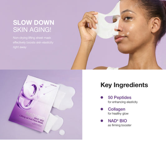 Numbuzin No.9 NAD BioLifting Full Cover Facial Mask - 4 Sheets + 1 Special lifting Band - Brightening Moisture Gel Cream, Anti-Blemish Body Lotion, skin moisturizer, dark spot correcting serum, needly daily toner pad, oil cleansers, moisturizing sunscreen, hand cream - Sapphire Beauty Booth