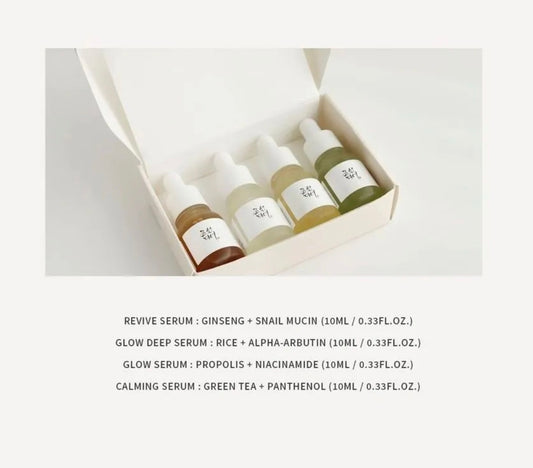 Beauty of Joseon Hanbang Serum Discovery Kit - 10ml x 4 - Brightening Moisture Gel Cream, Anti-Blemish Body Lotion, skin moisturizer, dark spot correcting serum, needly daily toner pad, oil cleansers, moisturizing sunscreen, hand cream - Sapphire Beauty Booth
