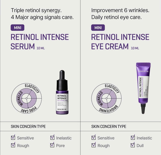 Some By Mi Retinol Intense Trial Kit - 10ml+10ml - Brightening Moisture Gel Cream, Anti-Blemish Body Lotion, skin moisturizer, dark spot correcting serum, needly daily toner pad, oil cleansers, moisturizing sunscreen, hand cream - Sapphire Beauty Booth