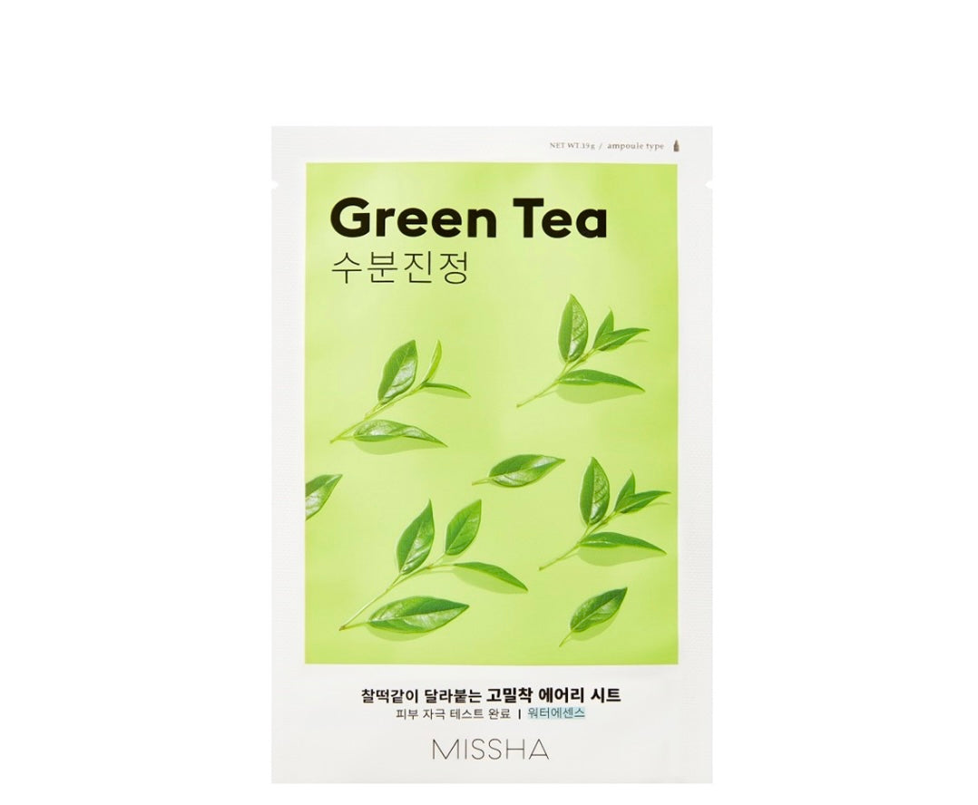 Missha Airy Fit Green Tea Sheet Mask - 1 mask - Brightening Moisture Gel Cream, Anti-Blemish Body Lotion, skin moisturizer, dark spot correcting serum, needly daily toner pad, oil cleansers, moisturizing sunscreen, hand cream - Sapphire Beauty Booth