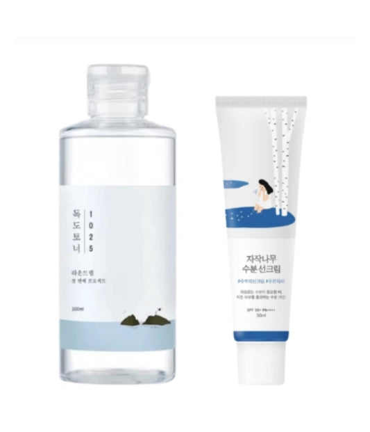 Round Lab 1025 Dokdo Toner - 200ml + Birch Juice Moisturizing Sunscreen - 50ml Set - Brightening Moisture Gel Cream, Anti-Blemish Body Lotion, skin moisturizer, dark spot correcting serum, needly daily toner pad, oil cleansers, moisturizing sunscreen, hand cream - Sapphire Beauty Booth